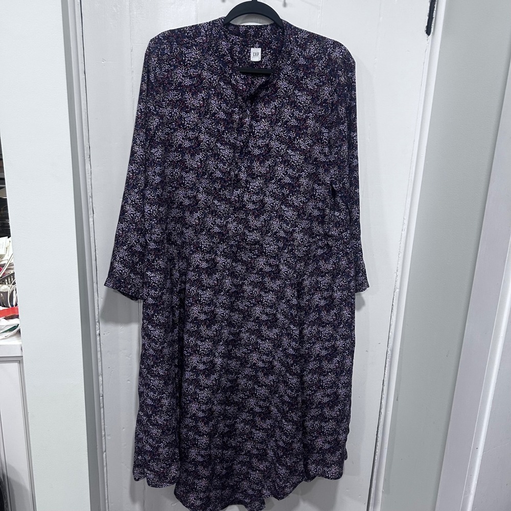 Gap Navy Floral Long Sleeve Midi Dress Button Front L 493780-00